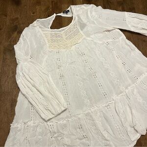 Blue B Bohemian Eyelet Flowy Lace White Blouse L Coquette
